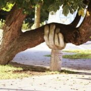 A statue of a hand on a tree.