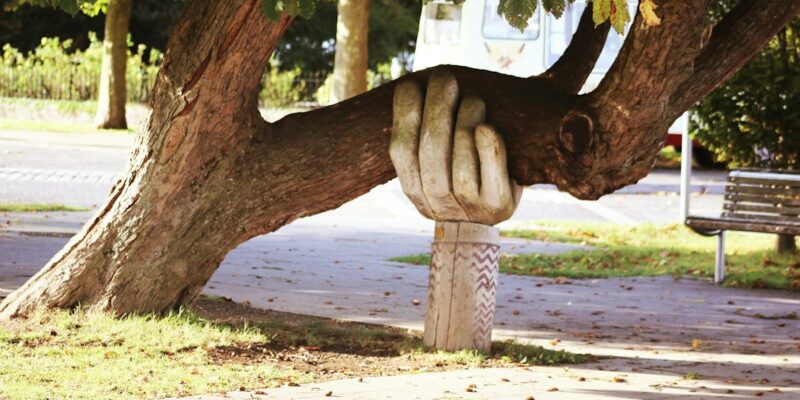 A statue of a hand on a tree.