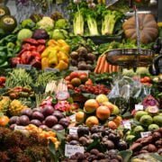 A display of fruits and vegetables.