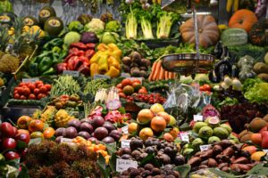 A display of fruits and vegetables.