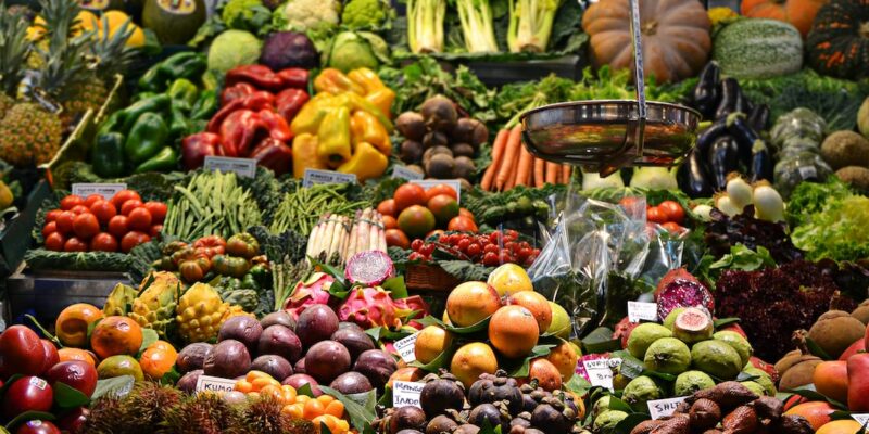 A display of fruits and vegetables.