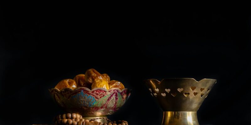 A bowl of dates and a rosary.