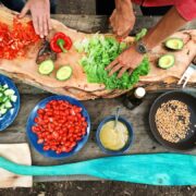 A table with food on it.