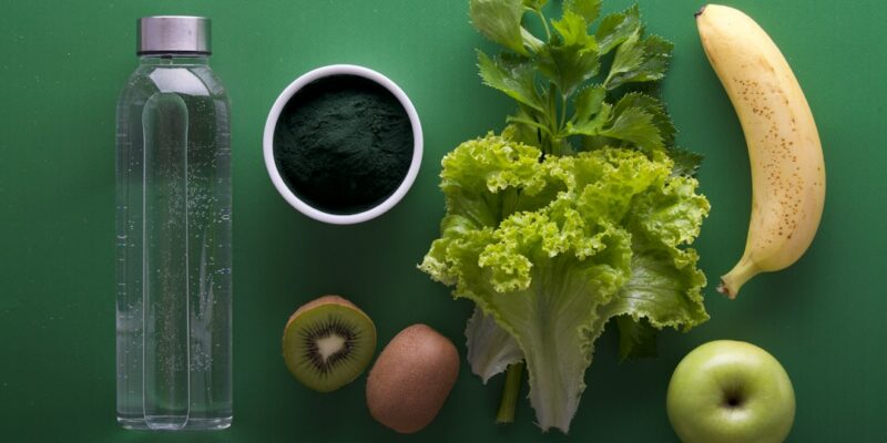 A bottle of water, fruit and vegetables on a green background.