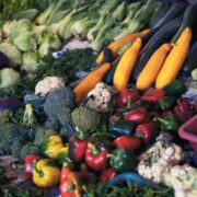 A pile of vegetables on a table.