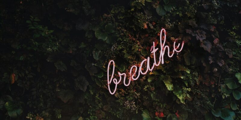 A neon sign with the word breathe in front of a green wall.