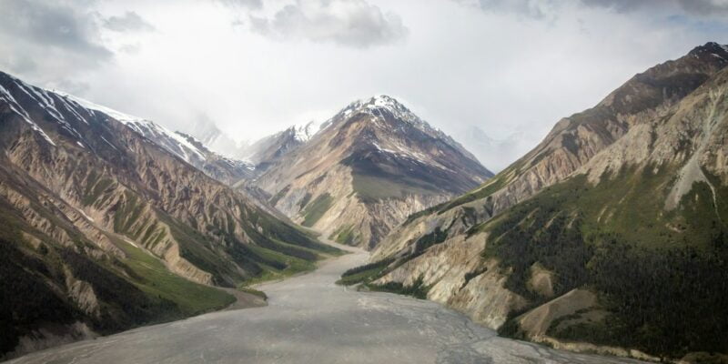 An aerial view of a river in the mountains.