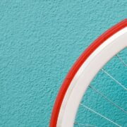 A bicycle wheel against a blue wall.