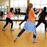 A group of people in a dance class.