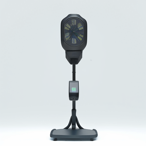 A clock on a stand with a phone on it.