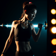 A woman is holding a barbell in front of a light.