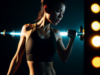 A woman is holding a barbell in front of a light.