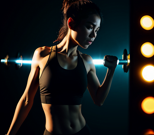 A woman is holding a barbell in front of a light.