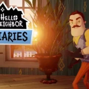 Animated character from "Devil May Cry" standing next to a plant with the "hello neighbor diaries" logo above.