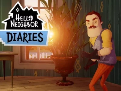 Animated character from "Devil May Cry" standing next to a plant with the "hello neighbor diaries" logo above.