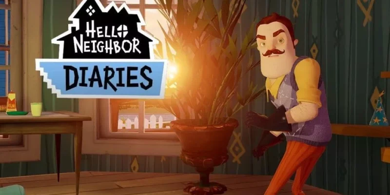 Animated character from "Devil May Cry" standing next to a plant with the "hello neighbor diaries" logo above.