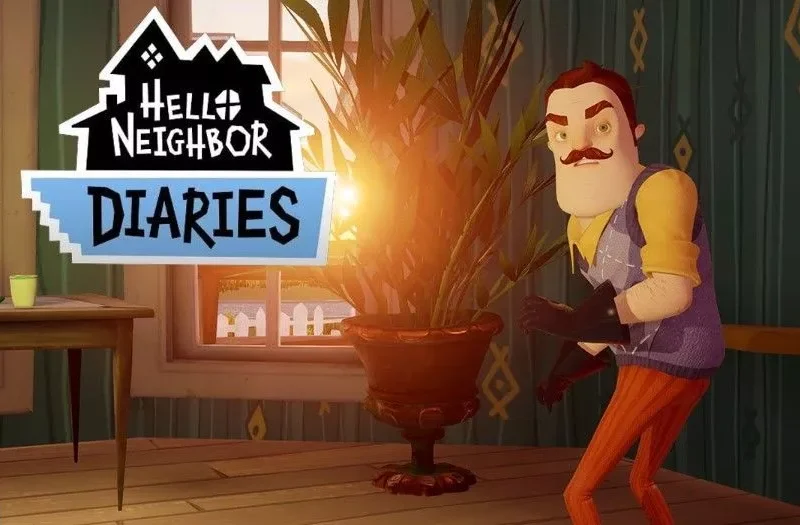 Animated character from "Devil May Cry" standing next to a plant with the "hello neighbor diaries" logo above.