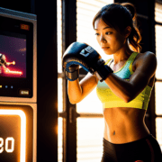 A woman is standing in front of a boxing machine.