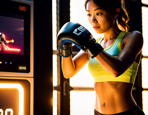 A woman is standing in front of a boxing machine.