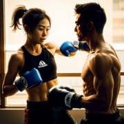 A man and a woman boxing.