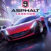 Three sleek sports cars speed through a vibrant neon-lit cityscape in a dynamic scene from "Asphalt 9: Legends." Fireworks and streaks of light fill the background, enhancing the sense of motion and excitement akin to Need for Speed. The Asphalt 9 logo is prominently displayed above the cars.