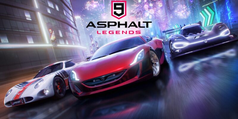 Three sleek sports cars speed through a vibrant neon-lit cityscape in a dynamic scene from "Asphalt 9: Legends." Fireworks and streaks of light fill the background, enhancing the sense of motion and excitement akin to Need for Speed. The Asphalt 9 logo is prominently displayed above the cars.