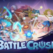 Colorful poster for the video game "Battle Crush" featuring diverse fantasy characters in dynamic poses, reminiscent of a Roblox adventure. Characters wield a variety of weapons and magic; a blue-haired mage, a large warrior, and an armored knight are prominent. The title is displayed at the bottom in bold letters.