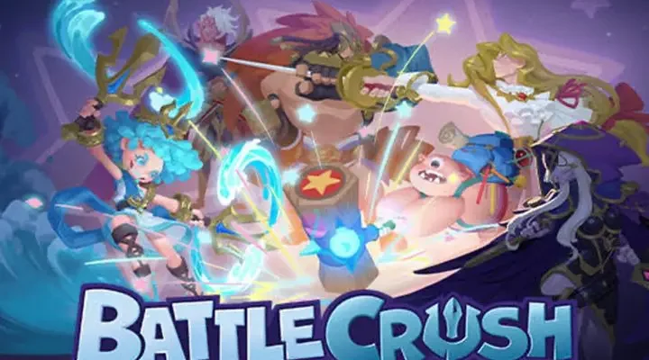 Colorful poster for the video game "Battle Crush" featuring diverse fantasy characters in dynamic poses, reminiscent of a Roblox adventure. Characters wield a variety of weapons and magic; a blue-haired mage, a large warrior, and an armored knight are prominent. The title is displayed at the bottom in bold letters.