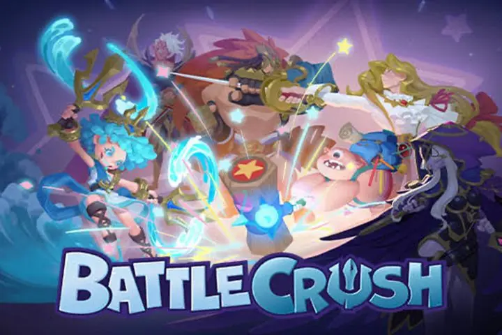 Colorful poster for the video game "Battle Crush" featuring diverse fantasy characters in dynamic poses, reminiscent of a Roblox adventure. Characters wield a variety of weapons and magic; a blue-haired mage, a large warrior, and an armored knight are prominent. The title is displayed at the bottom in bold letters.