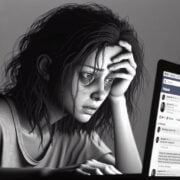 A black and white image of a woman with her head on her laptop screen.