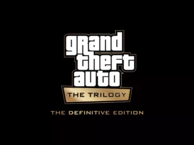 Logo of "grand theft auto: the trilogy – the definitive edition" on a black background.