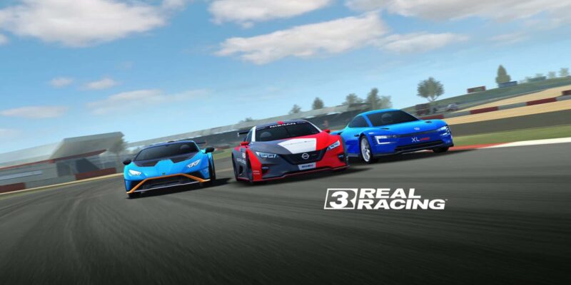 Three racing cars—blue, red, and blue—speed down a track on a clear day. The blue car on the left is sleek, the red car in the center is bold with a prominent logo, while the blue car on the right flaunts a sporty design. The "Real Racing 3" logo captures that exhilarating need for speed mobile vibe.