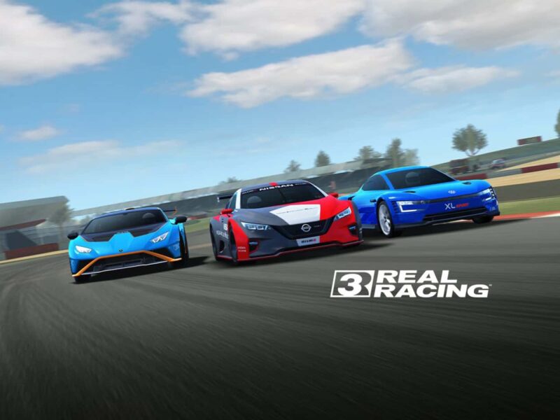 Three racing cars—blue, red, and blue—speed down a track on a clear day. The blue car on the left is sleek, the red car in the center is bold with a prominent logo, while the blue car on the right flaunts a sporty design. The "Real Racing 3" logo captures that exhilarating need for speed mobile vibe.