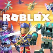 A vibrant Roblox poster showcases diverse characters: a warrior in blue armor wielding a sword, a robot, and a winged creature on a hoverboard, all in dynamic poses. Set against a cityscape at sunset, the bold word "ROBLOX" anchors this captivating scene.