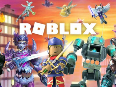 A vibrant Roblox poster showcases diverse characters: a warrior in blue armor wielding a sword, a robot, and a winged creature on a hoverboard, all in dynamic poses. Set against a cityscape at sunset, the bold word "ROBLOX" anchors this captivating scene.