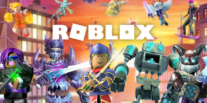 A vibrant Roblox poster showcases diverse characters: a warrior in blue armor wielding a sword, a robot, and a winged creature on a hoverboard, all in dynamic poses. Set against a cityscape at sunset, the bold word "ROBLOX" anchors this captivating scene.