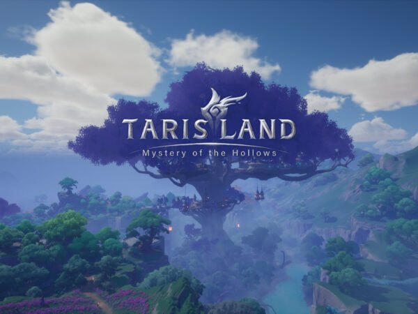 Fantasy landscape with a massive, mystical tree at the center, reminiscent of a vibrant Roblox world. Surrounded by lush green hills and a wide river, the tree features platforms and structures among its branches. Text over the image reads "Taris Land: Mystery of the Hollows." Fluffy clouds dot the blue sky above.