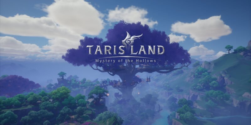 Fantasy landscape with a massive, mystical tree at the center, reminiscent of a vibrant Roblox world. Surrounded by lush green hills and a wide river, the tree features platforms and structures among its branches. Text over the image reads "Taris Land: Mystery of the Hollows." Fluffy clouds dot the blue sky above.