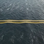 An aerial view shows a long, yellow wave energy converter floating on the ocean. This device, resembling wave magnets with its segmented, undulating structure, harnesses ocean power from choppy seas and white-capped waves, promising a sustainable future with each surge it captures.