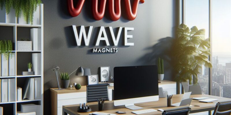 Modern office with large windows showing a city view. A wooden desk with a computer, notebooks, and pens is flanked by black chairs. The wall displays the red, wave-shaped "Contact Us" logo. Shelves with plants and books adorn the other side, creating a stylish workspace.