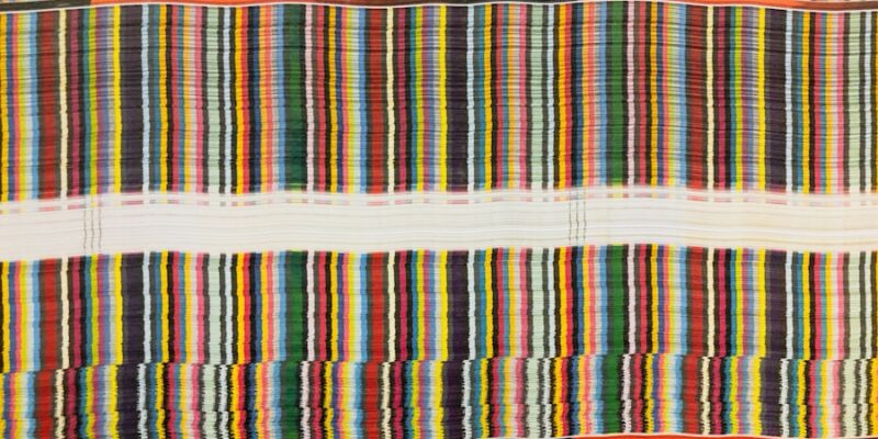 A colorful, abstract pattern with vertical stripes in shades of orange, red, green, blue, yellow, and white creates a visually complex texture reminiscent of Modern Literature's diverse narratives.