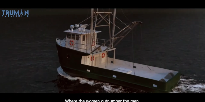 A small fishing boat sails on the ocean at dusk. The text "Where the women outnumber the men" is displayed at the bottom of the image.