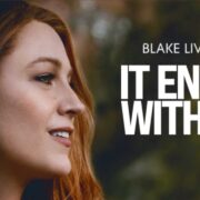 Profile view of a woman with red hair next to text that reads "Blake Lively" and "It Ends With Us" with pink flowers in the background.