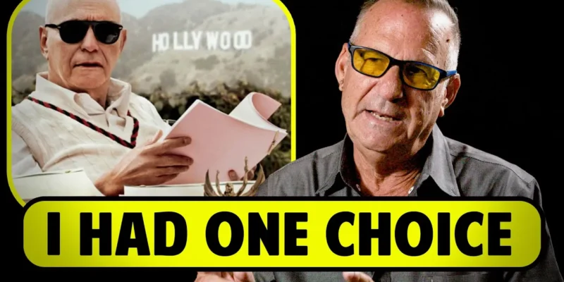 A man wearing sunglasses is pictured twice, once reading papers with a Hollywood sign in the background, and once speaking. Text overlay reads, "I HAD ONE CHOICE.