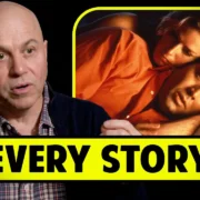 A man in a jacket gestures while speaking. Next to him, a couple lies in bed, embracing. The words "Every Story" appear in bold yellow at the bottom.