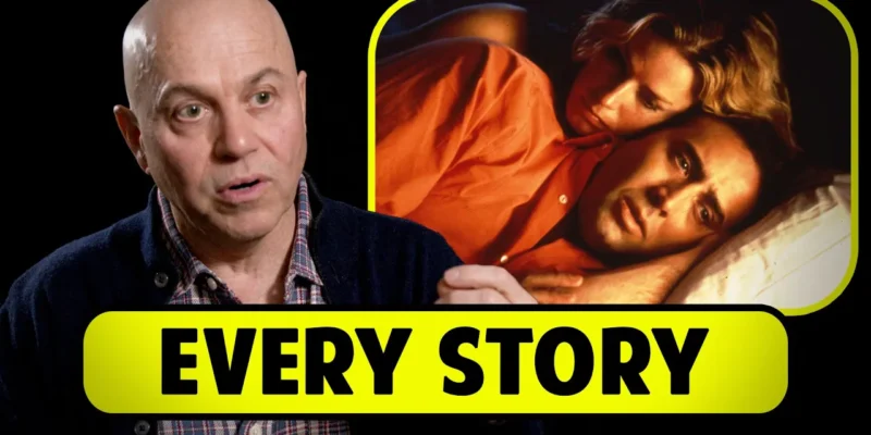 A man in a jacket gestures while speaking. Next to him, a couple lies in bed, embracing. The words "Every Story" appear in bold yellow at the bottom.