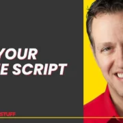 A man in a red shirt smiles on a yellow background. Text reads "Sell Your Movie Script" on a gray background.