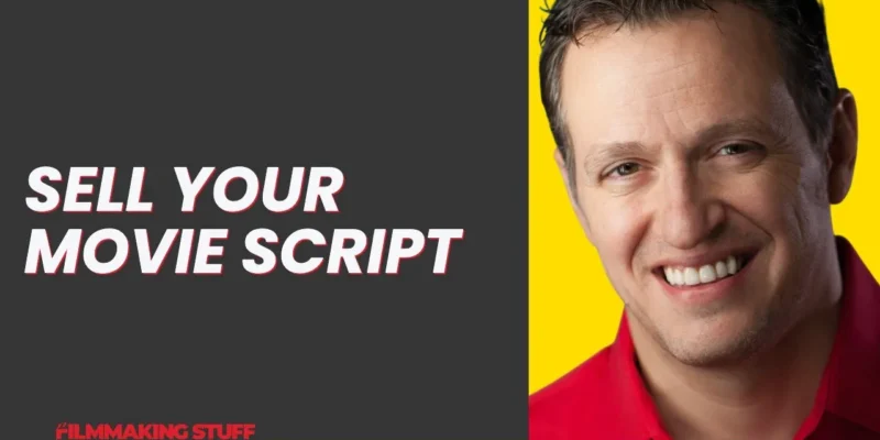 A man in a red shirt smiles on a yellow background. Text reads "Sell Your Movie Script" on a gray background.