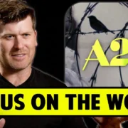 A person speaking next to a screen displaying a bird on barbed wire with "A24" text. The caption reads "Focus on the Work" in bold yellow.