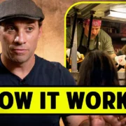 Man in a cap talks with an inset showing two people working in a food truck. Text reads "How It Works.